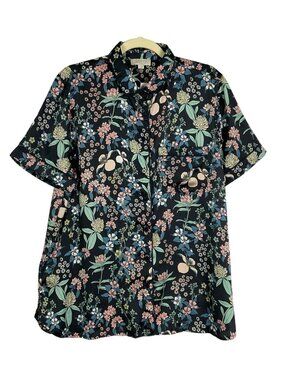 LOFT NWT Floral Button-Down Short Sleeve Pajama Top Size Large Black/Multicolor